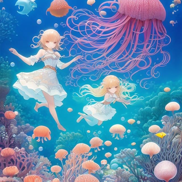 Prompt: Charles Robinson, Errol le cain, Maurice Sendak Japanese Anime wondrous strange Whimsical surreal Sci-Fi Fantasy Girl diving into the sea Beautiful face Miniskirt schoolgirl monkfish jellyfish Coral Forest octopuses A large number of bubbles