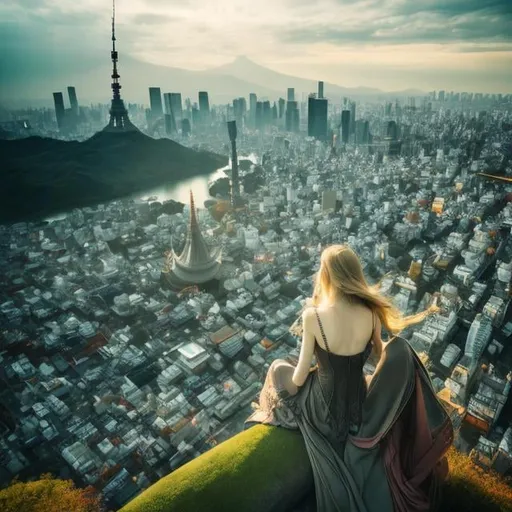 Prompt: Arthur Rackham, Margaret Tarrant, Surreal, mysterious, strange, fantastical, fantasy, Sci-fi, Japanese anime, Tokyo city area, Alice, a 100 meter tall giant blonde beautiful girl lying in the valley between buildings, perfect body, bird's eye view, Tokyo Tower, detailed masterpiece high resolution definition quality, depth of field cinematic lighting 