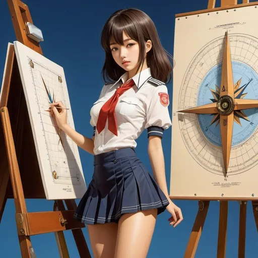 Prompt: Taiyo Matsumoto, Adolfo Hohenstein, Surreal, mysterious, bizarre, fantastical, fantasy, Sci-fi, Japanese anime, compass, easel, triangle ruler, eraser, beautiful girl in miniskirt measuring the meridian, perfect voluminous body, detailed masterpiece 