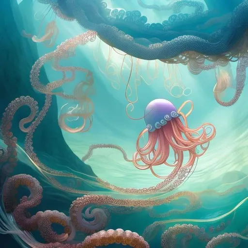 Prompt: Heikala, Maurice Sendak, Ukiyo-e style surreal mysterious strange bizarre fantasy sci-fi fantasy octopus house floating jellyfish kelp forest girl