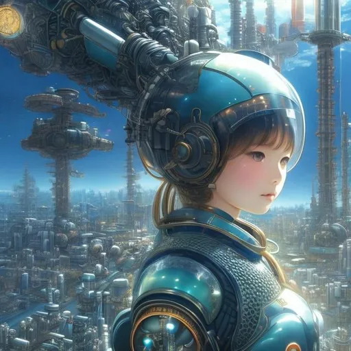 Prompt: Katsuhiro Otomo, Kate Greenaway, Margaret Tarrant, Japanese Anime, Mysterious Bizarre Fantastic Surreal Sci-fi Fantasy Proliferating Machines Machine Life Network Future City Tokyo Girl on a motorcycle, hyperdetailed high resolution high definition high quality masterpiece, girl turning head slightly to look at viewer directly