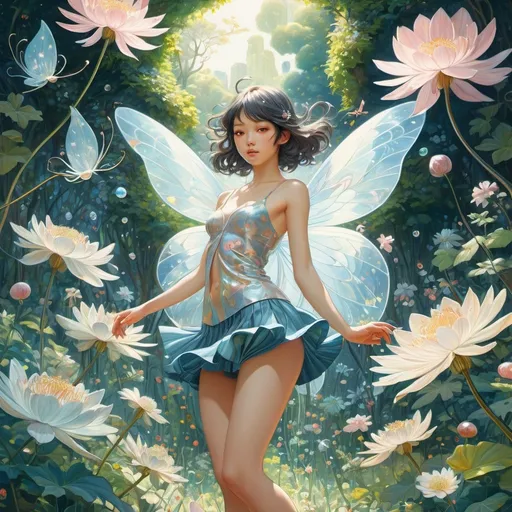 Prompt: Charles Clos Olsommer, James Jean, Surreal, mysterious, bizarre, fantastical, fantasy, Sci-fi, Japanese anime, dancing fairies, beautiful girl in a miniskirt, perfect voluminous body, near-future mythology, standing in a garden where crystal flowers bloom, detailed masterpiece bit’s eye views