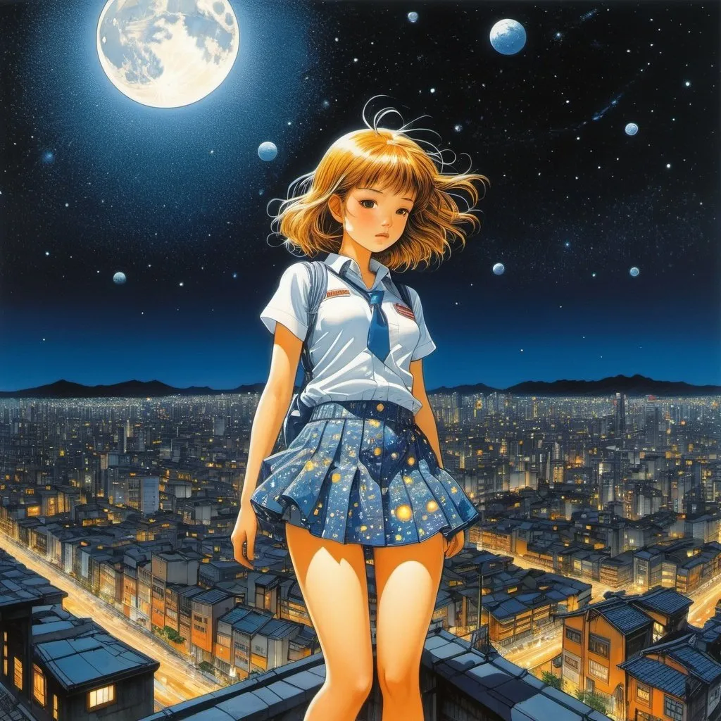 Prompt: Rowland Frederick Emett, Katsuhiro Otomo, Surreal, mysterious, bizarre, fantastical, fantasy, Sci-fi, Japanese anime, playing in the darkness, firefly star hunting, mini-skirt beautiful high school girl with a collection net, perfect voluminous body, moon, space, galaxy, bird's-eye view, sleeping city, detailed masterpiece 