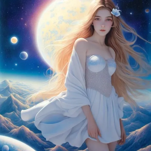 Prompt: Charles Robinson, Erna Rosenstein, Surreal, mysterious, strange, fantastical, fantasy, Sci-fi, Japanese anime, celestialism, cosmology, planes, cosmos, telescope, stars and constellations, solar system, galaxy, aquarium called Earth's night, miniskirt beautiful girl, perfect voluminous body, detailed masterpiece 