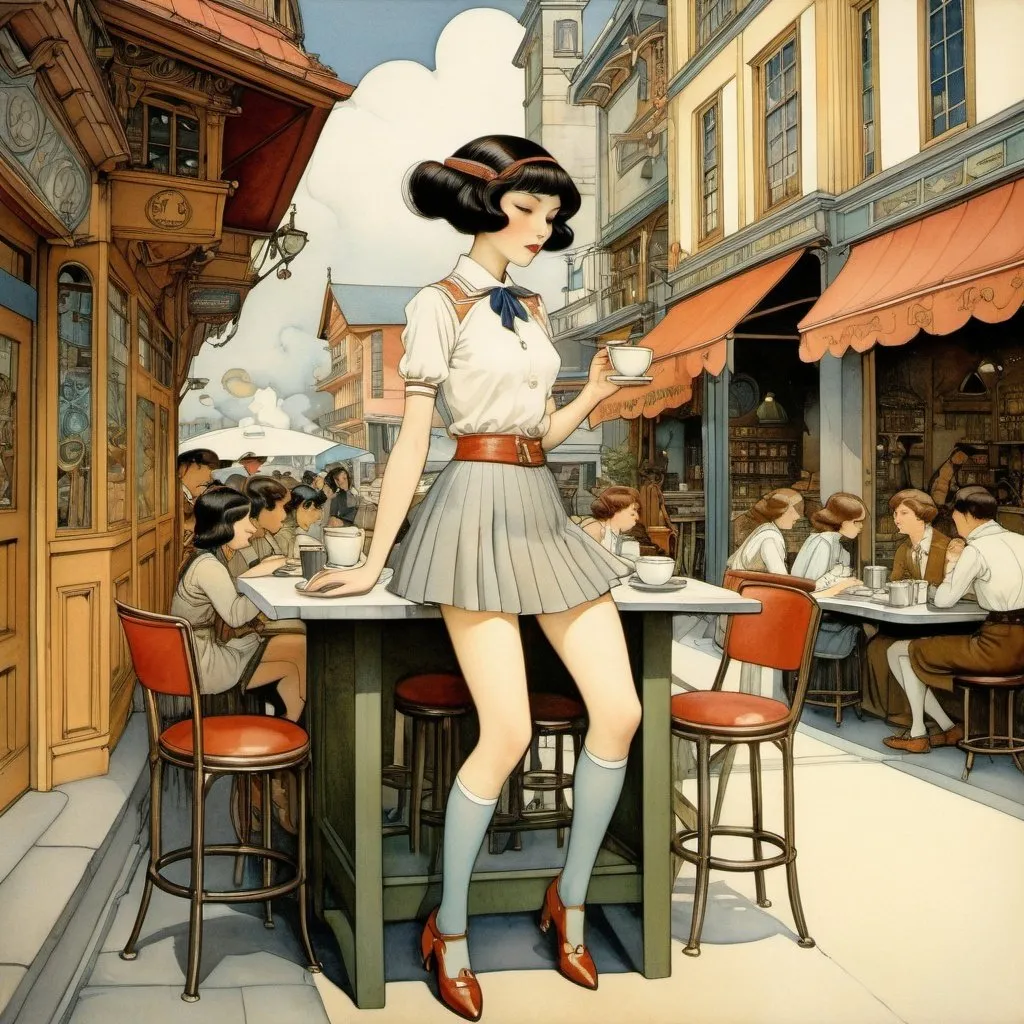 Prompt: Thomas Crane, Virginia Frances Sterrett, Anton Pieck, Surreal, mysterious, strange, fantastic, fantasy, Sci-fi, Japanese anime, spaceship sinking into a coffee cup, street corner cafe, beautiful high school girl in a miniskirt, perfect voluminous body, detailed masterpiece 