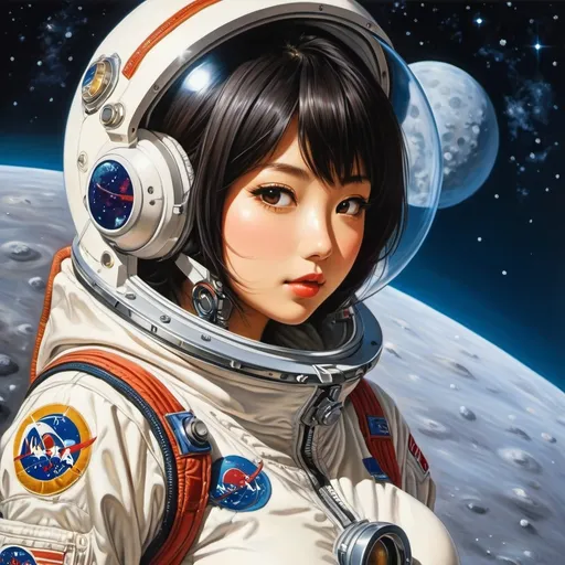 Prompt: Naoyuki Kato, Keiko Minami, Emanuele Luzzati, John Carlton Atherton, Yasuko Aoike, Surrealism, wonder, strange, bizarre, fantasy, Sci-fi, Japanese anime, izakaya on the moon, Space University reunion, beautiful girl in a space suit having a good time, perfect voluminous body, detailed masterpiece 