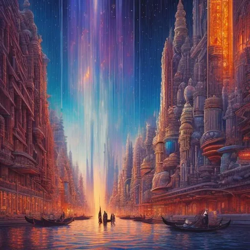 Prompt: Jean Giraud, Katsuhiro Otomo, Alice Rahon, Surreal, mysterious, bizarre, fantastical, fantasy, Sci-fi fantasy, anime, The Mirror of Venice, or the bizarre adventures of the glass man, A man obsessed with a gigantic building, A city inside a music box, A realized utopia, detailed masterpiece depth of field cinematic lighting 