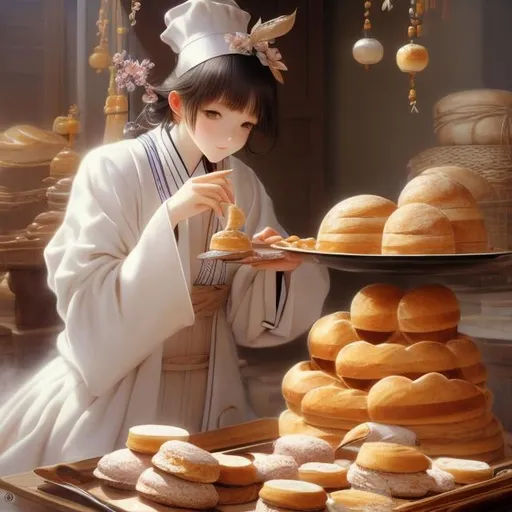 Prompt: Charles Robinson, Anne Anderson, Japanese anime, surreal mysterious strange bizarre fantasy sci-fi fantastic, Baumkuchen, King of sweets, baker, Obelias, Is it bread or cooking?, detailed, high resolution high definition high quality masterpiece 