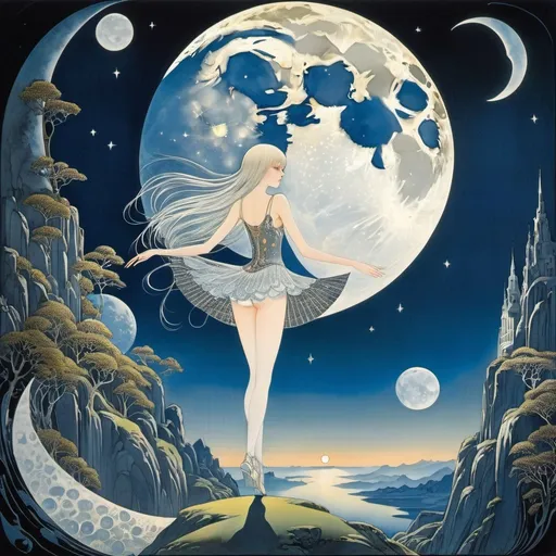Prompt: Kay Nielsen, Viacheslav Vasilevich Kalinin, Surreal, mysterious, strange, fantastical, fantasy, Sci-fi, Japanese anime, moon viewing party, earth-shine, birth of the moon, when the moon is full, it will fly When I was a beautiful girl in a miniskirt, perfect voluminous body, detailed masterpiece 