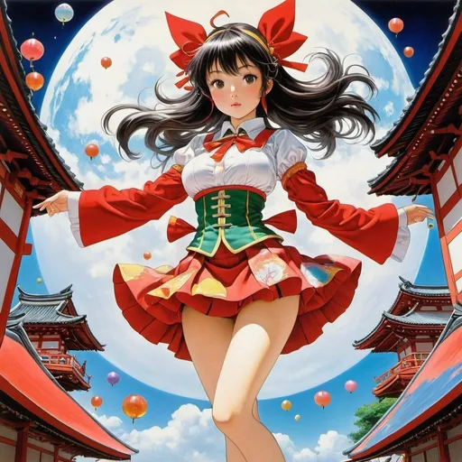 Prompt: Lawrence Stevens, Yoshitoshi Abe, Surreal, mysterious, strange, fantastical, fantasy, Sci-fi, Japanese anime, the trickster miniskirt beautiful girl who turns the world upside down and turns it into a festival through her folly, perfect voluminous body, The Fool and the Kingdom, detailed masterpiece 