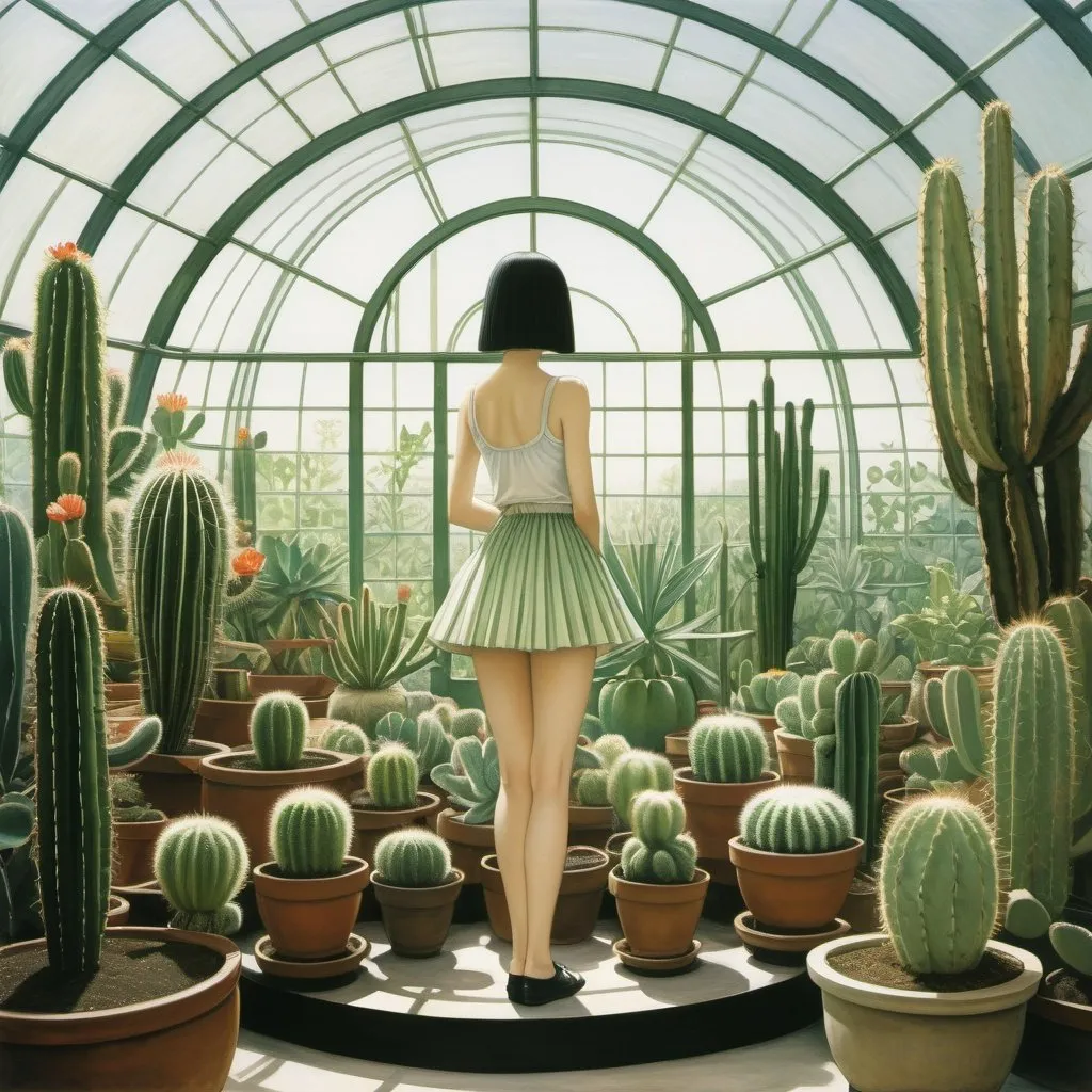 Prompt: Kay Nielsen,Angela Barrett, Surreal, mysterious, strange, fantastical, fantasy, Sci-fi, Japanese anime, circular method, cactus bonsai, watering miniskirt beautiful girl, perfect voluminous body, greenhouse, detailed masterpiece 