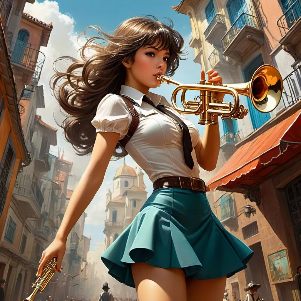 Prompt: Esteban Maroto, Fernando Fernández, Surreal, mysterious, strange, fantastical, fantasy, Sci-fi fantasy, anime, hunter of music, beautiful miniskirt girl who shoot out sounds with a trumpet, perfect voluminous body, city of music, detailed masterpiece 