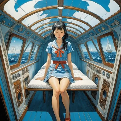 Prompt: Ithell Colquhoun, Yuko Shimizu, Maximilian Liebenwein, Sakatsuki sakana, Stanley William Hayter, Surrealism Mysterious Weird Fantastic Fantasy Sci-fi, Japanese Anime, Transparent Blue Corridor, Cross section of a sailing ship, Melting Mars, Sleeping miniskirt beautiful high school girl, perfect voluminous body, detailed masterpiece coquettish 