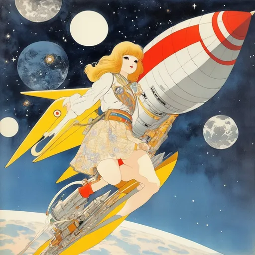 Prompt: Katsuhiro Otomo, George Barbier, Surreal, mysterious, strange, fantastical, fantasy, Sci-fi, Japanese anime, DIY rocket, launching towards the moon, beautiful girl in miniskirt, perfect voluminous body, detailed masterpiece 