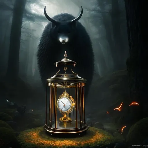 Prompt: Kentaro Miura, Dawid Ryski, Surreal, mysterious, bizarre, fantastical, fantasy, Sci-fi, Japanese anime, midnight on the Morphy clock, the hourglass is a symbol of global time, a beautiful girl who wakes up at dawn and hunts until she catches a single prey, a forgotten memento of her “ad hoc” behavior style. perfect voluminous body, detailed masterpiece 