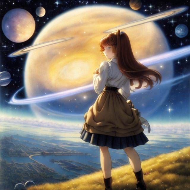 Prompt: Anton Pieck, Ul de Rico, Margaret Tarrant, Surreal, mysterious, bizarre, fantastical, fantasy, sci-fi, Japanese anime, Christmas parade through outer space, leading the way is a beautiful high school girl in a miniskirt, perfect voluminous body, a nebula, a group of planets, a spaceship, a rainbow, detailed masterpiece 