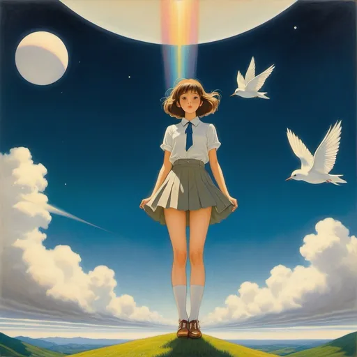 Prompt: Jacqui Morgan, Alphonse Osbert, Yumiko Igarashi, Surreal, mysterious, strange, fantastical, fantasy, sci-fi, Japanese anime, a man draws a picture of a beautiful girl in a miniskirt in the sky with chalk, perfect voluminous body, detailed masterpiece bird’s eye views angles perspectives 