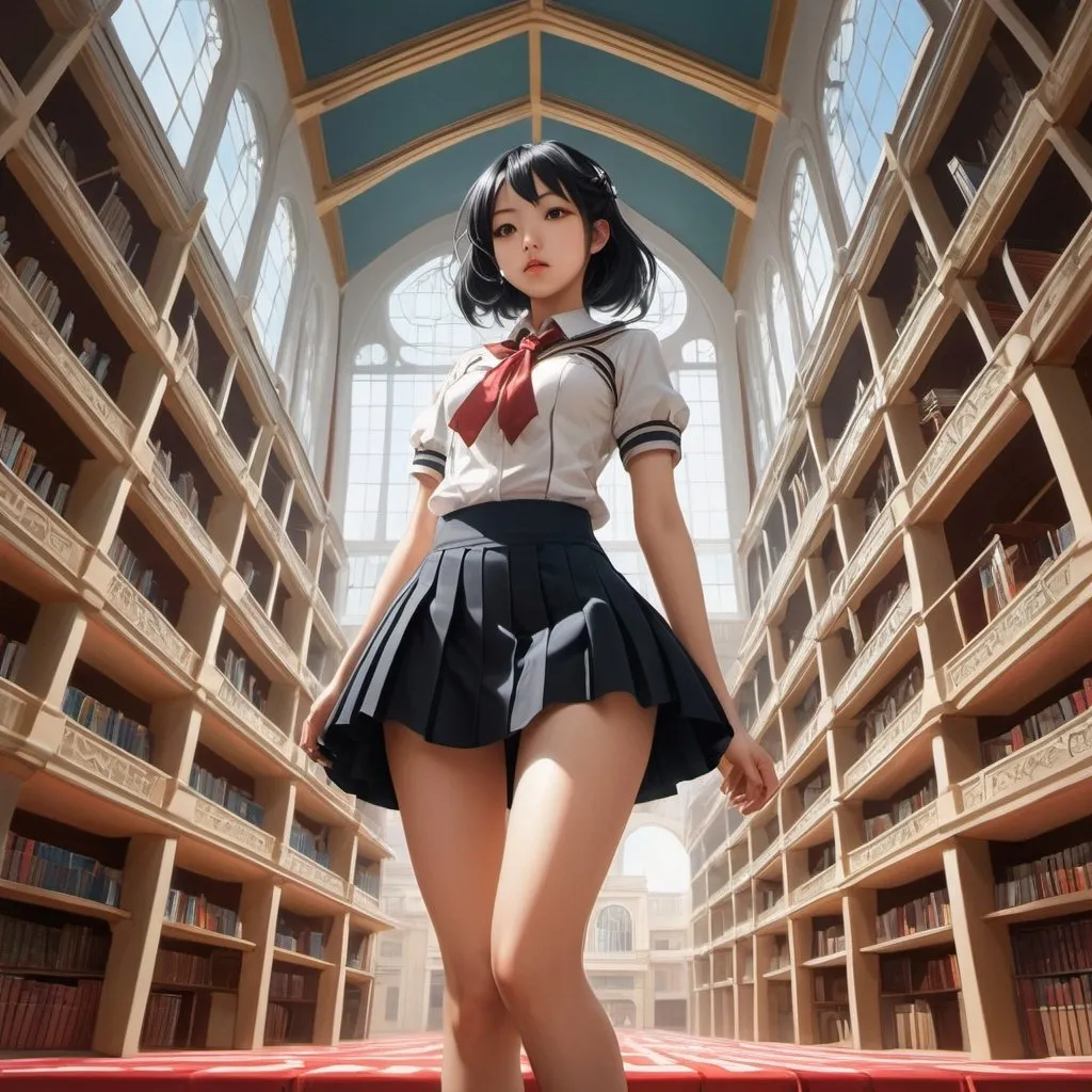 Prompt: Eugène Robert Pougheon, Chica Umino, Surreal, mysterious, bizarre, fantastical, fantasy, Sci-fi, Japanese anime, linear perspective, stacked perspective, aerial perspective, three-point perspective, Gothic, Baroque, Futurism, Modernism, architectural styles of miniskirt beautiful high school girl, perfect voluminous body, flying, detailed masterpiece 