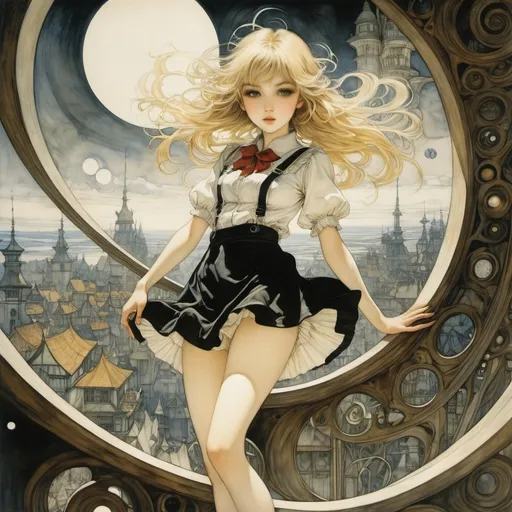 Prompt: Arthur Rackham, Miki Katoh, Maxwell Armfield, André Pijet, Wiktor Sadowski, Surrealism, mysterious, bizarre, fantastical, fantasy, Sci-fi, Japanese anime, the world appears upside down in the eyes, musical scale of shapes, auxiliary lines and circles, blonde miniskirt beautiful girl Alice, perfect voluminous body, detailed masterpiece 