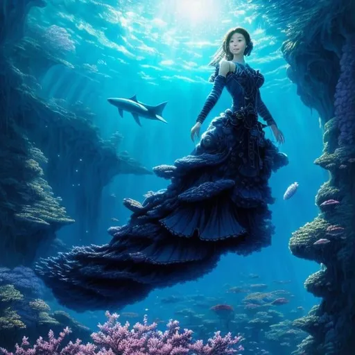 Prompt: Stephen Youll, Hiroshi Masumura, Surreal, mysterious, strange, fantastical, fantasy, Sci-fi, Japanese anime, deeper into the depths of the blue night, mathematics and natural history, a beautiful girl in a dress, diving, perfect voluminous body, detailed masterpiece 