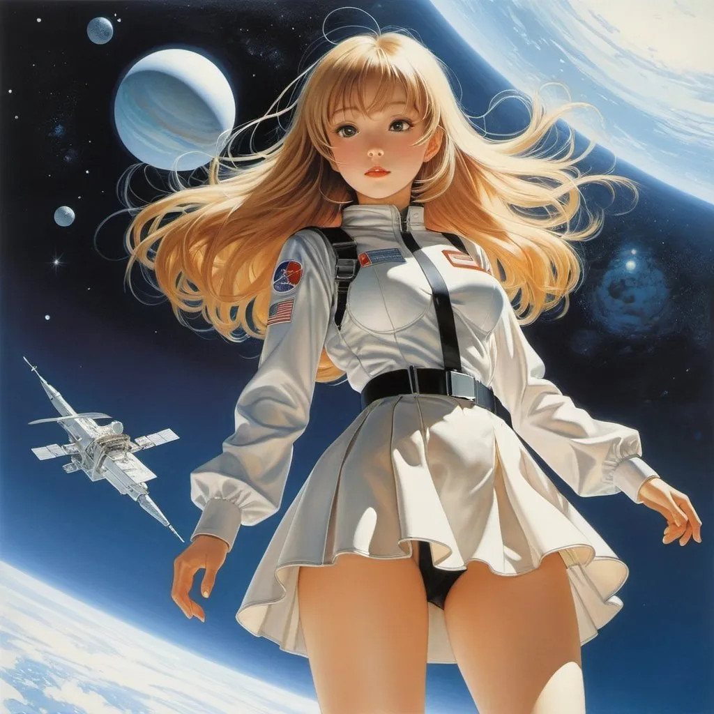 Prompt: Helmut Leherb, Shigeru Sugiura, Surreal, mysterious, strange, fantastical, fantasy, Sci-fi, Japanese anime, a pale, transparent and invisible world, a spacewalk trip, a surprising miniskirt beautiful girl, perfect voluminous body, detailed Masterpiece 