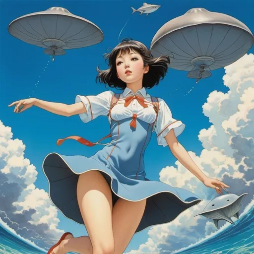 Prompt: Ernst Kreidolf, George Barbier, Ko Machiyama, Takahiro suganuma, Keiichi Tanaami, Surrealism, wonder, strange, bizarre, fantasy, Sci-fi, Japanese anime, stingrays swimming in the sky, a beautiful high school girl in a miniskirt on a large stingray at the front, perfect voluminous body, blue sky, thunder clouds, detailed masterpiece 