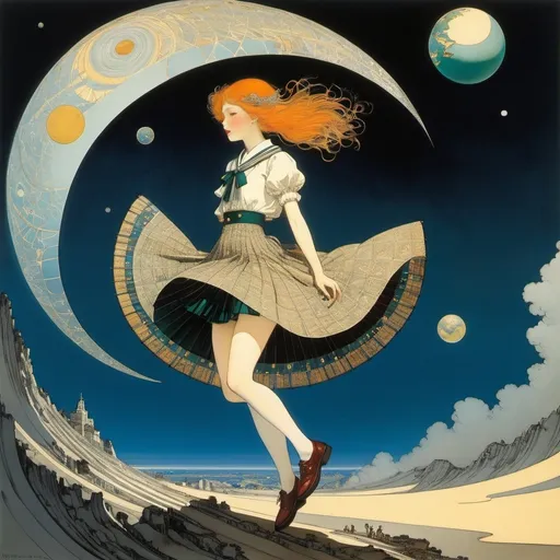 Prompt: Harry Clarke, Michael Parkes, Kenji Tsututa, Joseph Keppler, Elizabeth Shippen Green, Surrealism, wonder, strange, fantastical, fantasy, Sci-fi, Japanese anime, geometry of the projective plane, or the little planet of August.A beautiful high school girl in a miniskirt rides a gravitational wave to school, perfect voluminous body, detailed masterpiece 