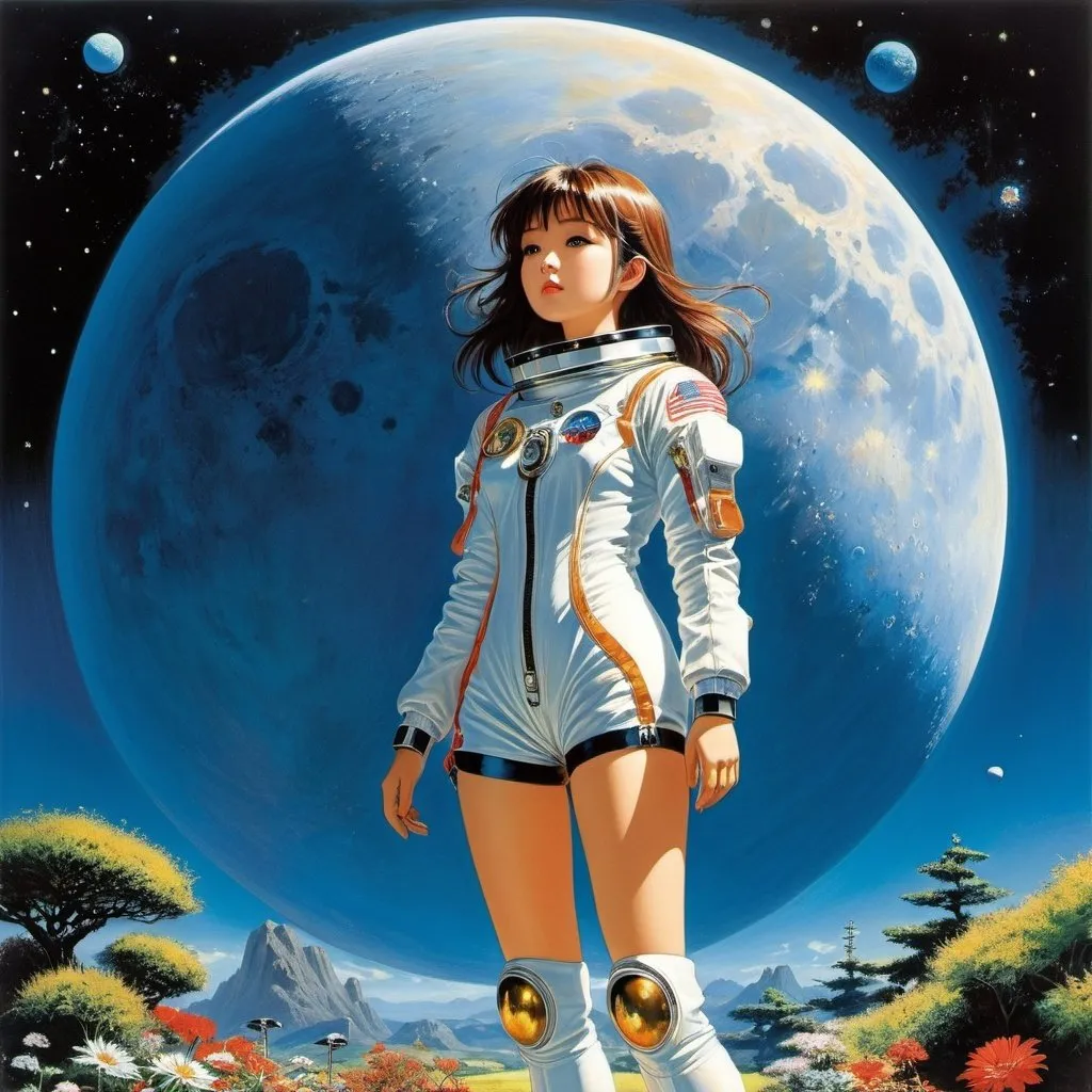 Prompt: Naoyuki Kato, Peter Elson, Richard Clifton-Dey, Danny Flynn, Izumi Kazuto, Surrealism, wonder, strange, bizarre, fantasy, Sci-fi, Japanese anime, beautiful girl in a space suit standing on the full moon and looking at the earth, perfect voluminous body, the solar system is in my garden, inside and outside the box, detailed masterpiece 