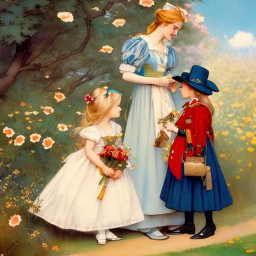 Prompt: Kate Greenaway,  Jessie Willcox Smith, Heikala, Alice in wonderland, blonde girl, with queen of hearts, hyper detailed, high resolution, high definition, high quality, masterpiece, Japanese anime, manga lines, realistic 
