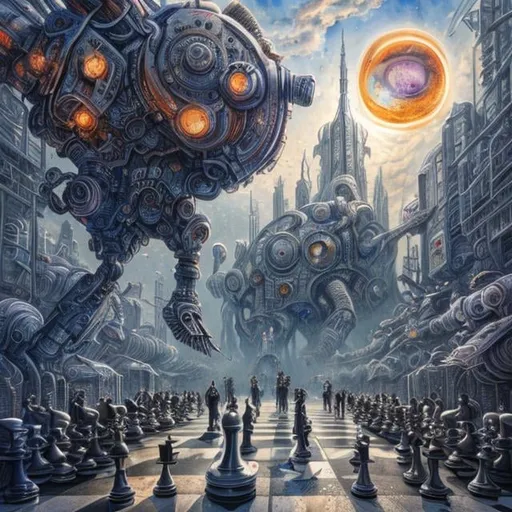 Prompt: John Stephens art style, watercolours like, detailed, sci-fi fantasy, surreal, weird, on huge chess board, girl running, robots, moon overhead, laser beam, 