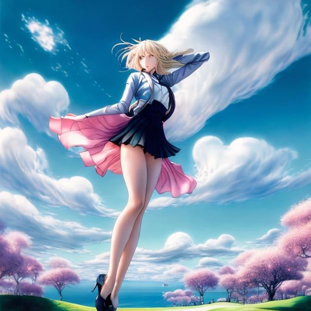 Prompt: Shun Matsuena, Arthur Rackham, Surreal, mysterious, bizarre, fantastical, fantasy, Sci-fi, Japanese anime, Alice, a beautiful blonde girl in a miniskirt enjoying golf, perfect voluminous body, over 100 yards, dynamic, using her body to the fullest, blue sky, nice shot!, hyper detailed masterpiece manga art drawings