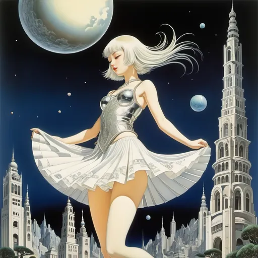 Prompt: Kay Nielsen, Carlo Carrà, John Jude Palencar, Ryoko Ikeda, Ed Emshwiller, Surrealism, strange, bizarre, fantastical, fantasy, Sci-fi, Japanese anime, miniskirt beautiful girl, perfect voluminous body, city in the palm of a high school girl, rotating planet, beautiful girl celebrating, detailed masterpiece 