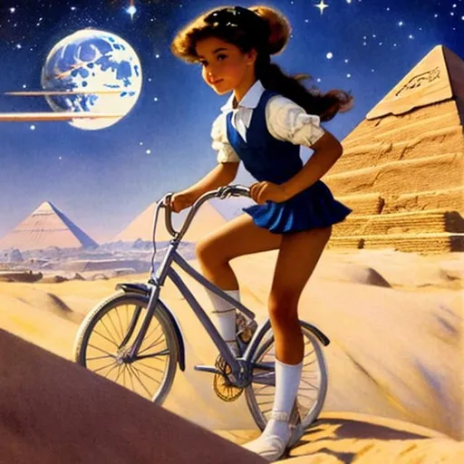 Prompt: Jessie Willcox Smith, Sulamith Wülfing, animesque　wondrous　strange　Whimsical　Sci-Fi Fantasy　Minis schoolgirl climbing the pyramids of Giza on a bicycle　a beauty girl　solo girl a moon　Milky Way　spacecraft, perfect body, shirt unbuttoned sweating high resolution masterpiece hyper detailed close up to girl