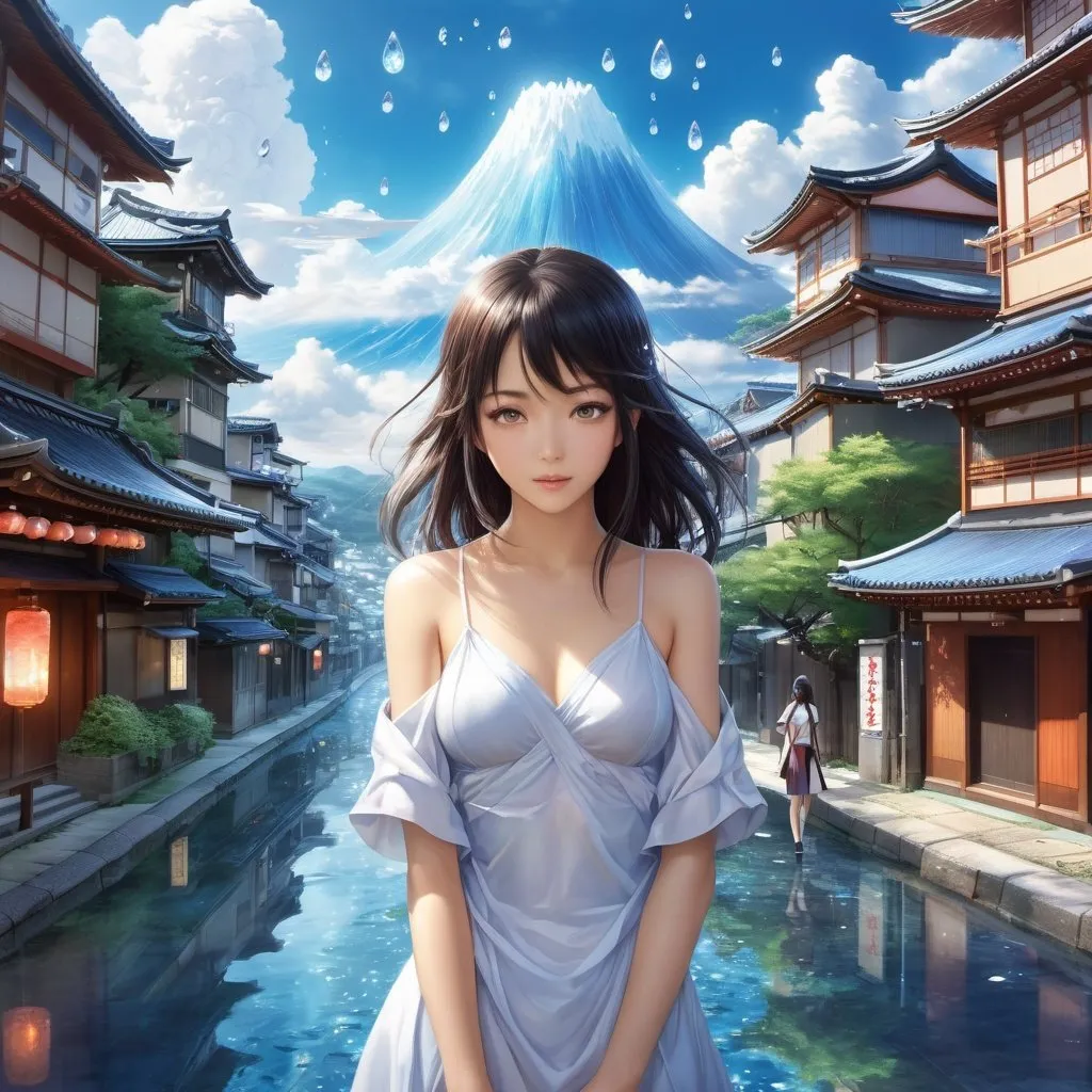 Prompt: Tsubaki Nekoi, René Vincent, Surreal, mysterious, strange, fantastic, fantasy, Sci-fi, Japanese anime, moving city map, world of water drops, collecting crystals on the street, beautiful girl on a journey, perfect voluminous body, detailed masterpiece 