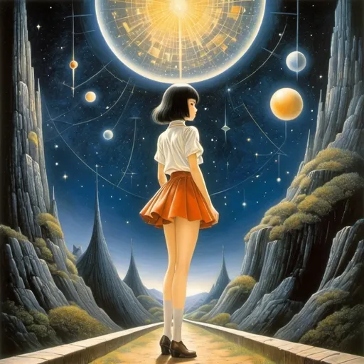 Prompt: Hannes Bok, Remedios Varo, Mitsumasa Anno, Harry Beckhoff, Makoto Aida, Surrealism Mysterious Weird Fantastic Fantasy Sci-fi, Japanese Anime, Gravity Design, Road to the Underground Celestial Sphere and Constellations, Miniskirt Beautiful High School Girl, perfect voluminous body, detailed masterpiece 