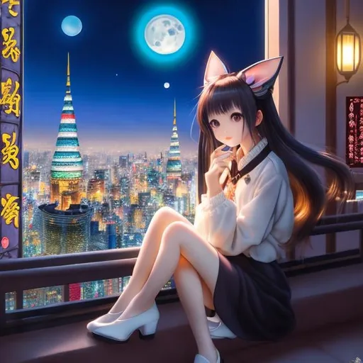 Prompt: Shigeru Tamura, Anne Anderson, Surreal, mysterious, bizarre, fantastical, fantasy, Sci-fi, Japanese anime, blonde miniskirt beautiful girl Alice, perfect voluminous body, On a night with a crescent moon, to eat moon viewing dumplings, With a cat,  Night city, skyscrapers, tranquility, detailed masterpiece 