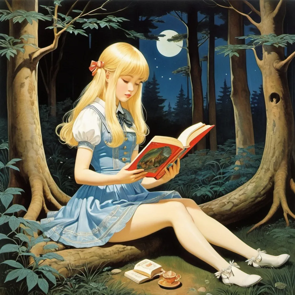 Prompt: Elisa Talentino, Atsuko Ishizuka, Walter Crane, Sydney sime, Surrealism, strange, bizarre, fantastical, fantasy, Sci-fi, Japanese anime, "Night", "Forest", "Sensation", "Animals", "Transformation", "Festival", "Sleep" Alice, the beautiful blonde miniskirt girl eating a picture book, perfect voluminous body, detailed masterpiece 