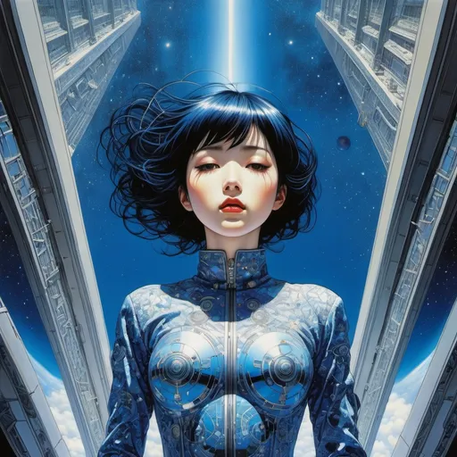 Prompt: Katsuhiro Otomo, Harry Clarke, Surreal, mysterious, strange, bizarre, fantasy, Sci-fi, Japanese anime, half-man, half-bird beautiful girl, perfect voluminous body, orbital elevator, blue transparent space, contrail, detailed masterpiece looking up looking down angles perspectives hyper realistic sharp focus 