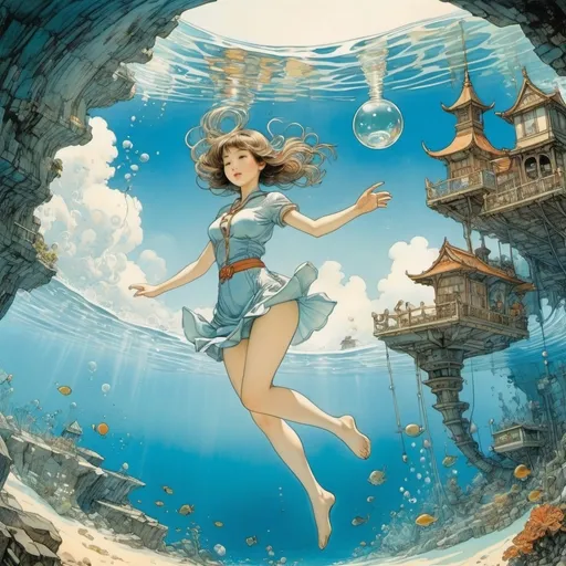 Prompt: Anton Pieck, Heath Robinson, Arthur E. Becher, Paul Coker, Riyoko Ikeda, Surrealism Mysterious Weird Fantastic Fantasy Sci-Fi, Japanese Anime, Perspective and cross-sectional view of the sea of ​​liquid glass, Miniskirt beautiful girl diving, perfect voluminous body, detailed masterpiece 