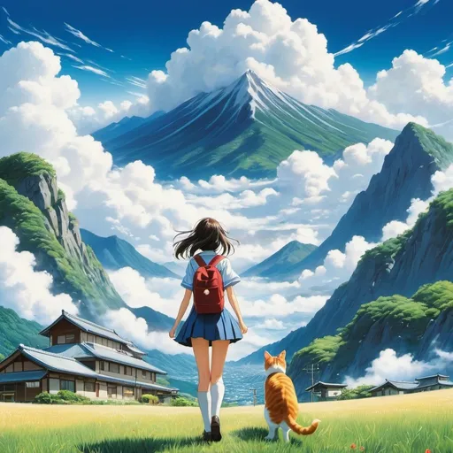 Prompt: Mitsumasa Anno, Benjamin Kilvert, Frederic Gruger, Surrealism, Mysterious, Bizarre, Outlandish, Fantasy, Sci-fi, Japanese Anime, A beautiful high school girl in a miniskirt goes to visit the North Wind, perfect voluminous body, A kind cat mailman shows her the way, Blue sky, clouds, distant mountains, detailed masterpiece wide angles perspectives 