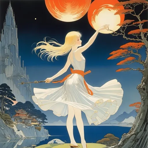 Prompt: Kay Nielsen, Mizuki Kawashita, Tatsuyuki Tanaka, Kōji Fukiya, Jules Chéret, Surrealism, wonder, strange, fantastical, fantasy, Sci-fi, Japanese anime, paradoxical perspective, reflections on fire, light, and time, wrapping books in pictures, expositions and travel, blonde miniskirt beautiful girl Alice, perfect voluminous body, detailed masterpiece 