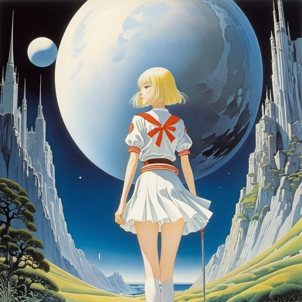 Prompt: Kay Nielsen, Ed Valigursky, Meinrad Craighead, Raoul Hausmann, Sakana Sakatsuki, Surrealism Mysterious Bizarre Fantastic Fantasy Sci-fi, Japanese Anime, Miniskirt Beautiful High School Girl Searching for Dawn, perfect voluminous body, detailed masterpiece 