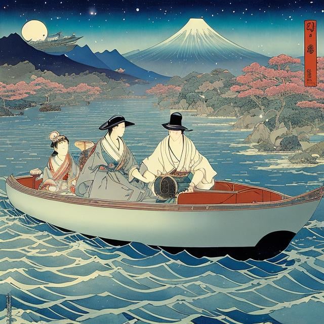 Prompt: Anton Pieck, George Barbier, Ukiyo-e style Japanese Anime Surreal Mysterious Weird Fantastic Fantasy Sci-fi Fantasy Lantern Flowing on the River of the Galaxy, hyperdetailed high resolution high definition high quality masterpiece, fine lines