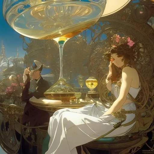 Prompt: Alphonse Mucha, Masamune Shirow, Japanese Anime, Surreal Mysterious Weird Fantastic Fantasy Sci-Fi, Jupiter Sinking at the Bottom of a Wine Glass, Cocktail Bar, detailed high resolution definition quality masterpiece 