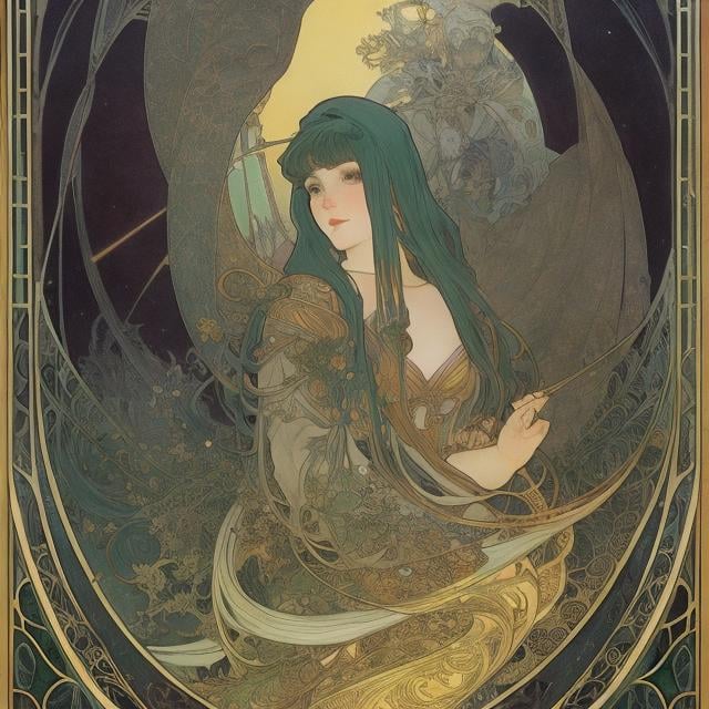 Prompt: Kate Greenaway, Alphonse Mucha, Maurice Sendak, Japanese anime, surreal, mysterious, strange, fantastical, fantasy, sci-fi,  unravel six hanks star of the dark night absorbed by its abyss, and led into the afterlife, detailed, high resolution definition quality masterpiece 