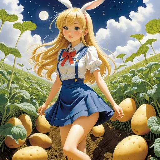 Prompt: Shinji Wada, Margaret Tempest, Lola Anglada, David Wiesner, Kozue Amano, Surrealism, wonder, strange, fantastical, fantasy, Sci-fi, Japanese anime, crescent moon in a potato field, bipedal rabbit wearing clothes, the adventures of Alice, a beautiful blonde miniskirt girl, perfect voluminous body, detailed masterpiece 