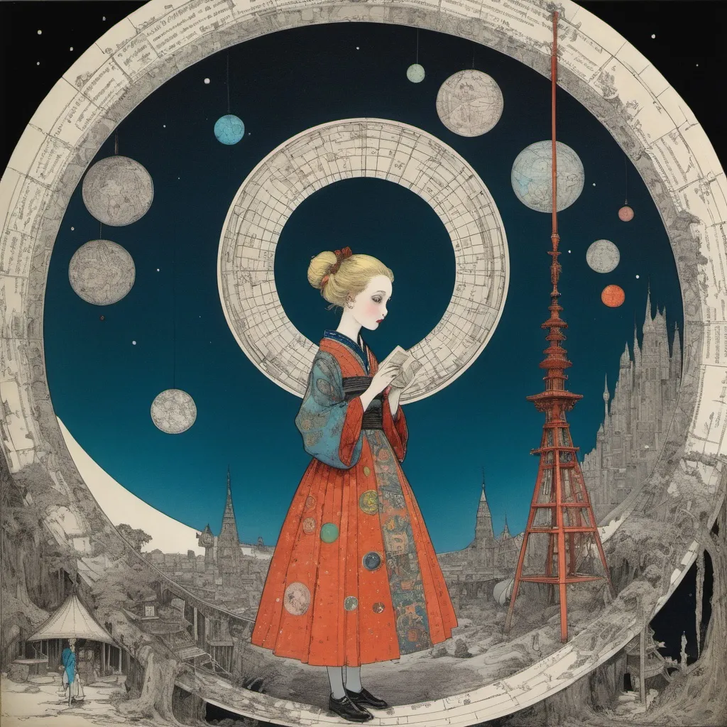 Prompt: Eleanor Vere Boyle, Randolph Caldecott, Józef Wilkoń, Harry Clarke, Surrealism, wonder, strange, bizarre, fantasy, Sci-fi, japanese anime, the harmony of the universe originates from geometry, discovering mathematical shapes in the celestial sphere, creating models of the universe, changing the way we see the world, Tokyo Opera City, blonde miniskirt watching the cosmic reconstruction. beautiful girl alice, perfect voluminous body, detailed masterpiece 