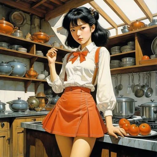 Prompt: Mervyn Peake, Yuko Higuchi, Michael Foreman, Jean Giraud, Jean-Claude Cassini, Surrealism, Mystery, Weird, Outlandish, Fantasy, Sci-fi, Japanese Anime, Kitchen with Beetles, Beyond the Scope, Ruins under Construction and Beautiful Miniskirt High School Girl, perfect voluminous body, detailed masterpiece 