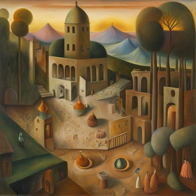 Prompt: Leonora Carrington,  Mabel Lucie Attwell, Margaret Tarrant, world slowly sinking in a coffee cup, diamond mine, process in a tower, dawn, detailed, high quality, high resolution, high definition, masterpiece 