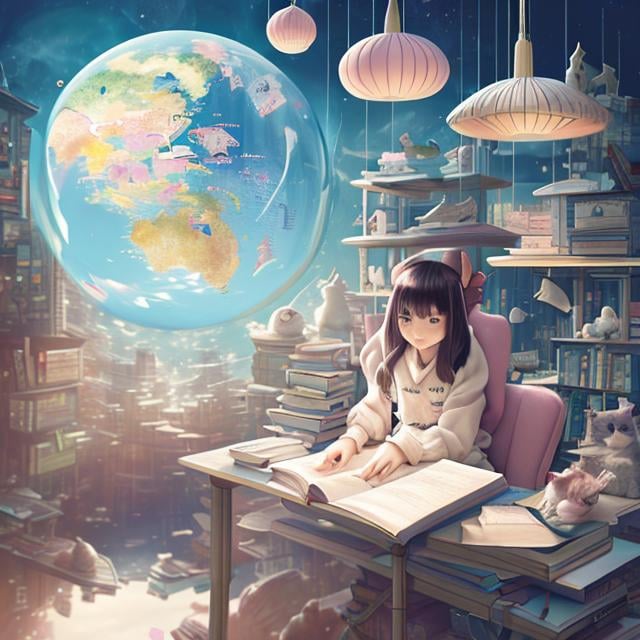 Prompt: Anne Anderson, Barbara Cooney, Japanese Anime Sci-fi Fantasy A girl sitting at a desk and reading a book Study room Floating books, cat, teapot, globe, stuffed bear, spaceship Three-dimensional composition